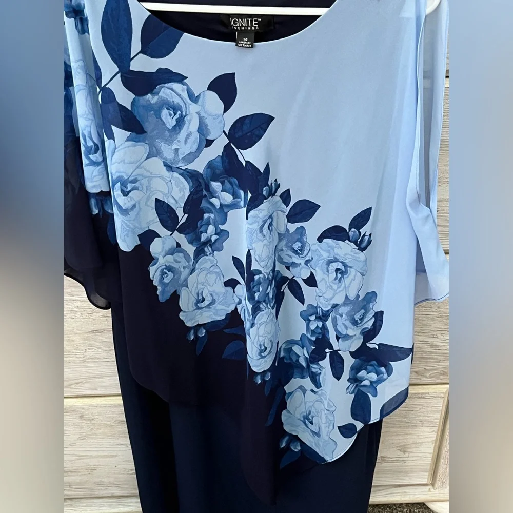 Ignite Evenings Blue Jewel Neck Sleeveless Asymmetric Capelet Dress Size 14 - Picture 2 of 12